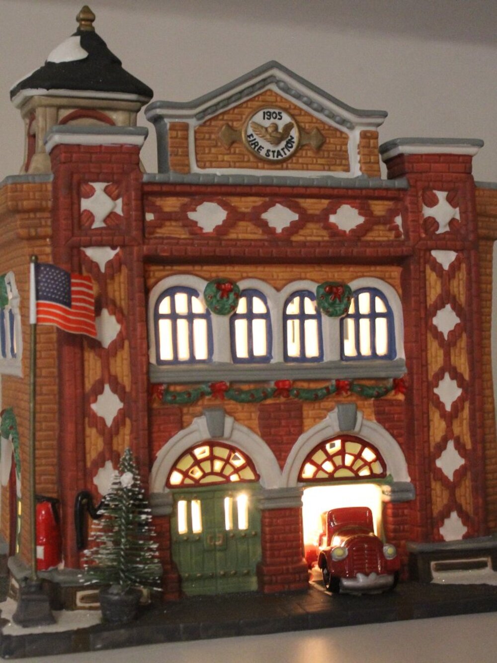 Vintage Heartland Valley Village Christmas Fire Station Lighted Porcelain House